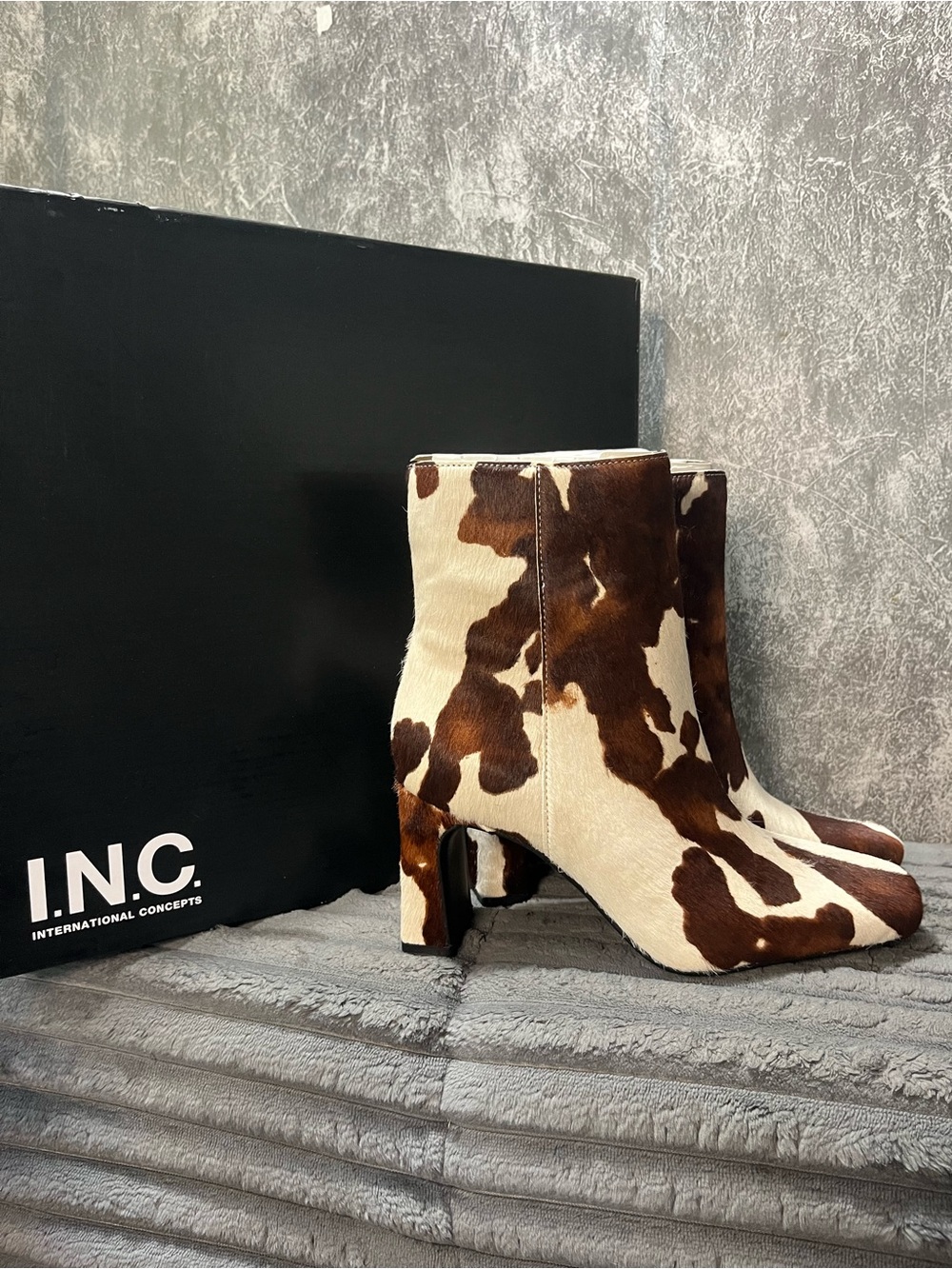 INC International Concepts Cow-Print FUR Ankle Boots in Brown and Cream